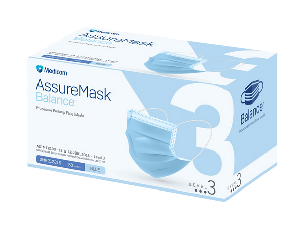 Medicom AssureMask Balance Earloop Face Masks Level 3, Blue, 50/box